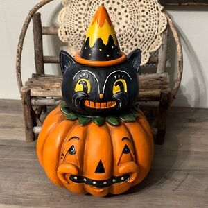 VINTAGE INSPIRED BLACK CAT PUMPKIN JACK KITTY HALLOWEEN RESIN DECOR NWT